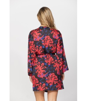 Gorgeous little long-sleeved dressing gown in silky satin fabric, with a red and blue motif printed on a black background