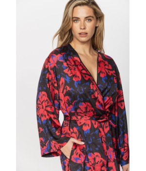 Gorgeous little long-sleeved dressing gown in silky satin fabric, with a red and blue motif printed on a black background