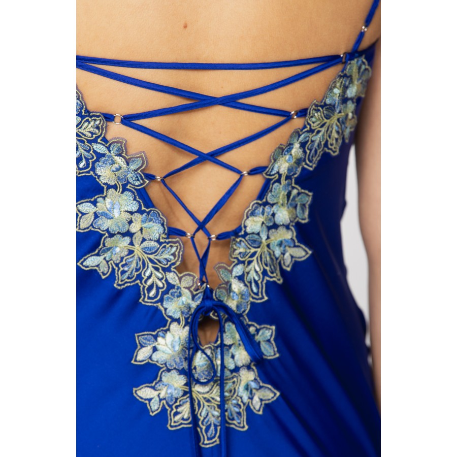 Gorgeous, satin and lace microfibre negligee in a hypnotic shade of Persian blue with embroidery