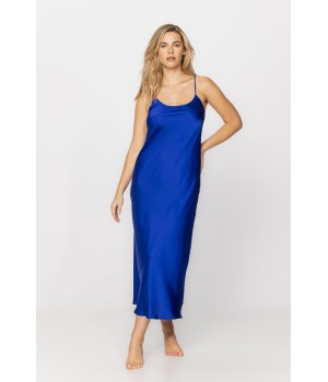 Long nightdress in microfibre satin with thin straps and embroidery in a shade of Persian blue