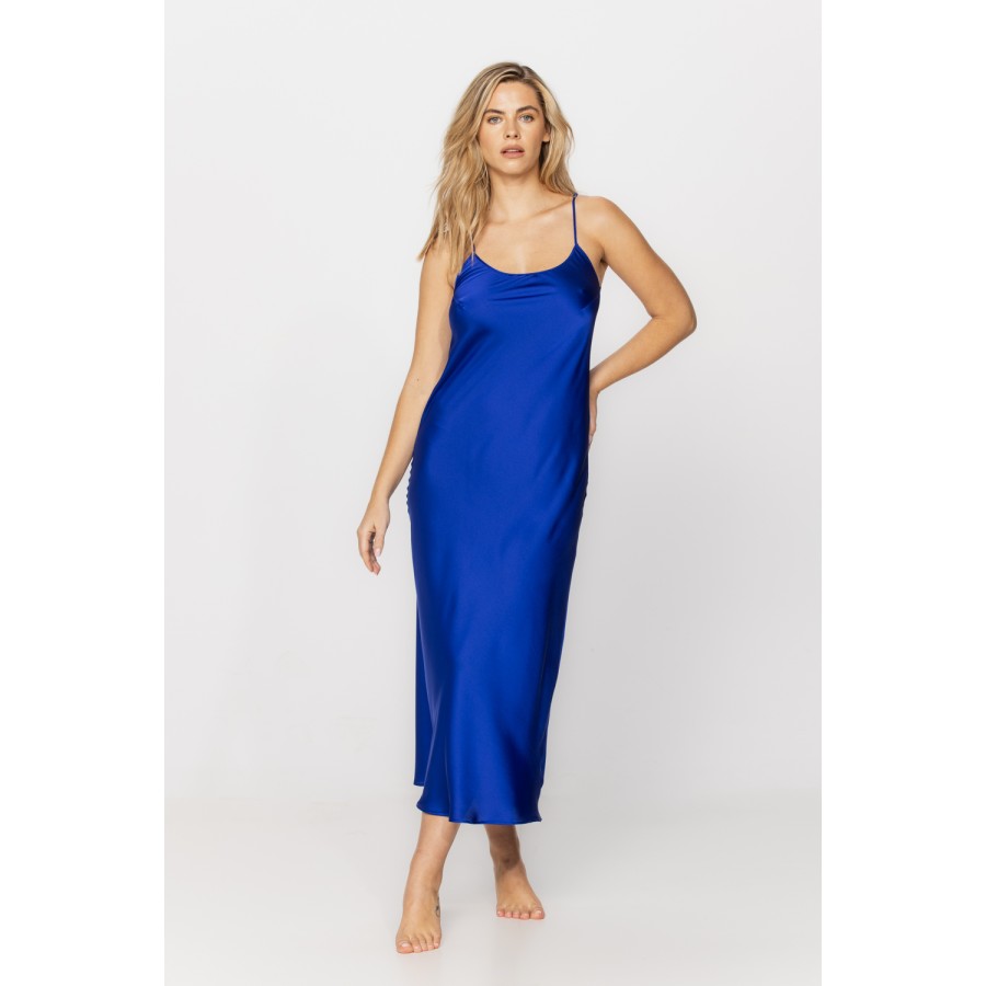 Long nightdress in microfibre satin with thin straps and embroidery in a shade of Persian blue