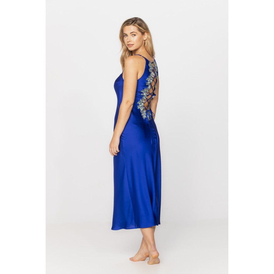 Long nightdress in microfibre satin with thin straps and embroidery in a shade of Persian blue