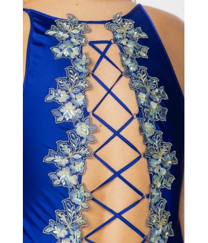 Long nightdress in microfibre satin with thin straps and embroidery in a shade of Persian blue