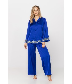 Herrlicher zweiteiliger Pyjama aus Satin-Mikrofaser in Persischblau mit weißer Stickerei