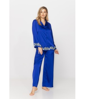 Herrlicher zweiteiliger Pyjama aus Satin-Mikrofaser in Persischblau mit weißer Stickerei