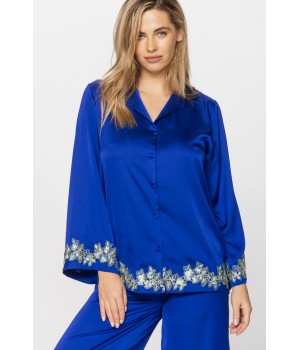 Herrlicher zweiteiliger Pyjama aus Satin-Mikrofaser in Persischblau mit weißer Stickerei