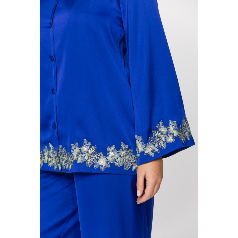 Gorgeous microfibre satin pyjamas with embroidery in a shade of Persian blue