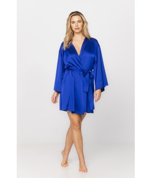 Déshabillé style kimono en satin microfibre bleu persan manches longues et amples