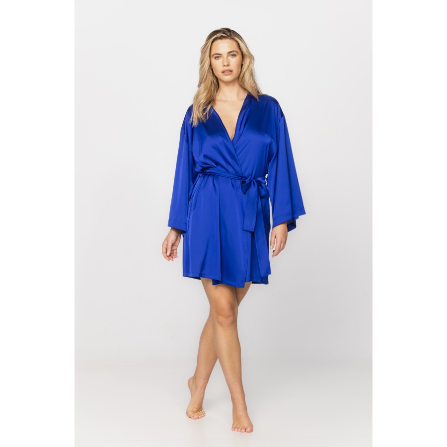 Déshabillé style kimono en satin microfibre bleu persan manches longues et amples