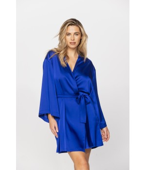 Long-sleeved kimono-style microfibre satin dressing gown in a shade of Persian blue