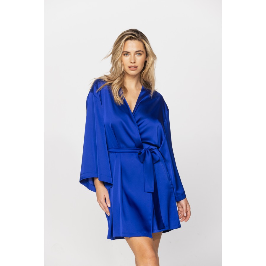 Déshabillé style kimono en satin microfibre bleu persan manches longues et amples