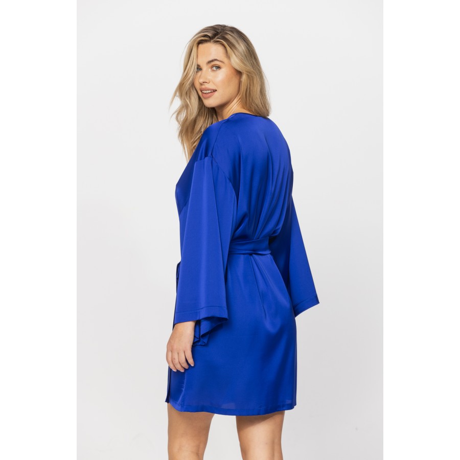 Long-sleeved kimono-style microfibre satin dressing gown in a shade of Persian blue