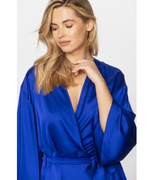 Déshabillé style kimono en satin microfibre bleu persan manches longues et amples