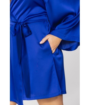 Déshabillé style kimono en satin microfibre bleu persan manches longues et amples