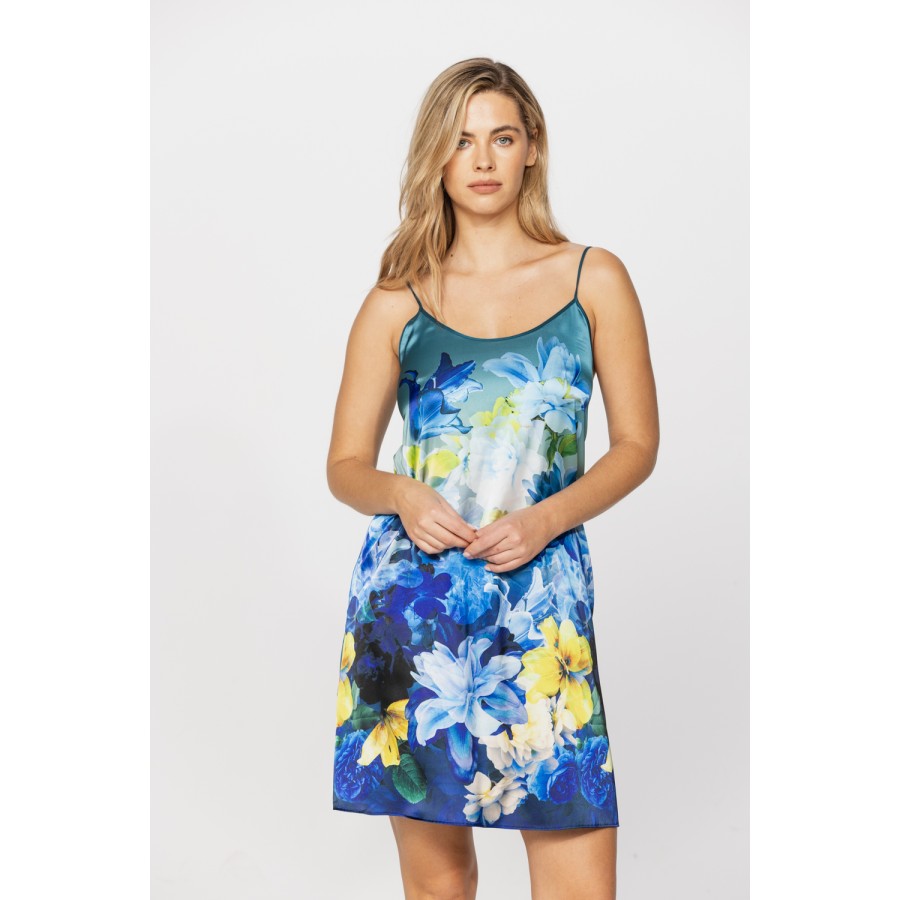 Silky satin negligee with thin straps and floral print in shades of blue and yellow