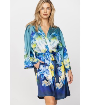 Elegant knee-length satin dressing gown with a floral print in shades of blue and yellow