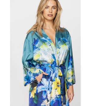 Elegant knee-length satin dressing gown with a floral print in shades of blue and yellow