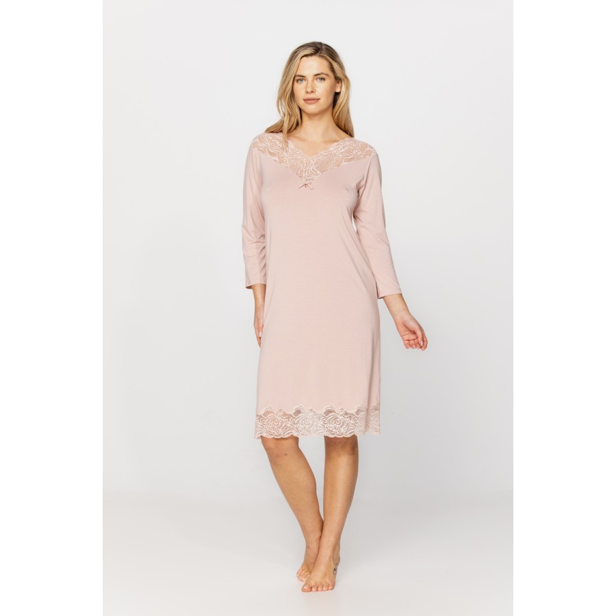 Tunic-style, knee-length nightdress in micromodal and lace