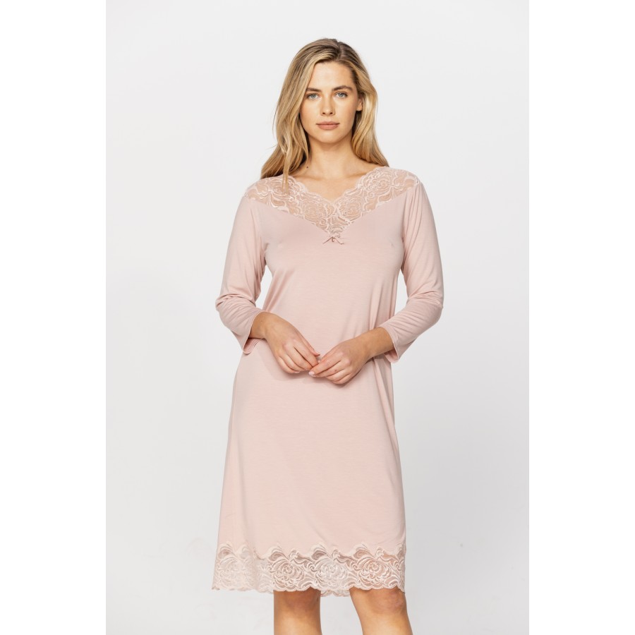 Tunic-style, knee-length nightdress in micromodal and lace