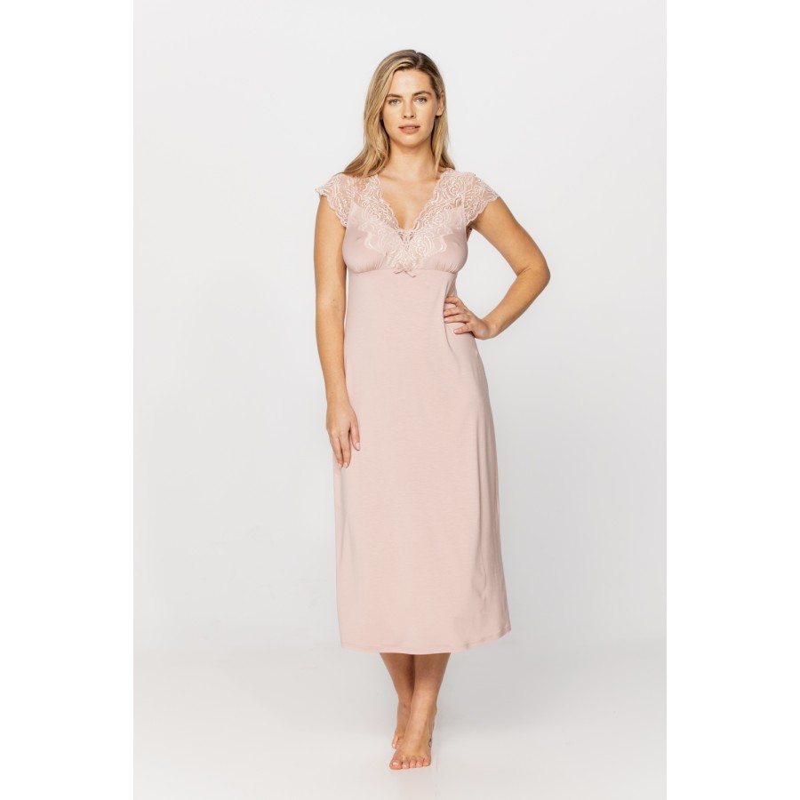 Very elegant long nightdress in micromodal and lace with criss-cross straps