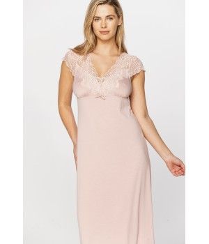 Very elegant long nightdress in micromodal and lace with criss-cross straps