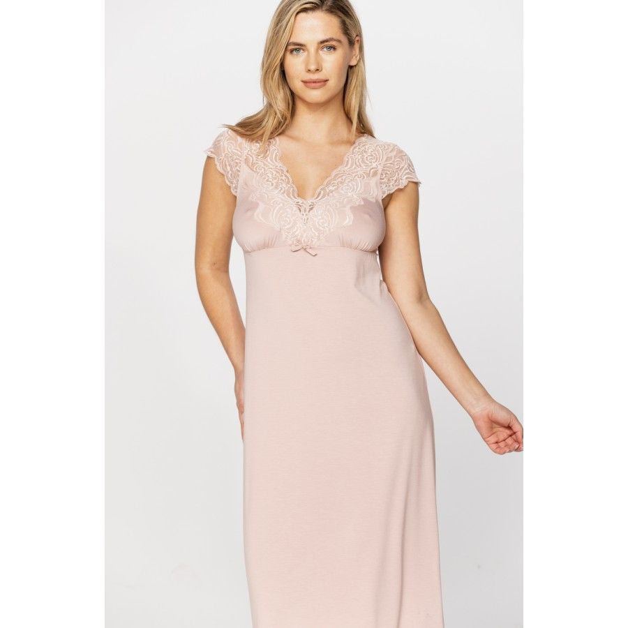 Very elegant long nightdress in micromodal and lace with criss-cross straps