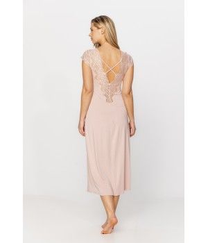 Very elegant long nightdress in micromodal and lace with criss-cross straps