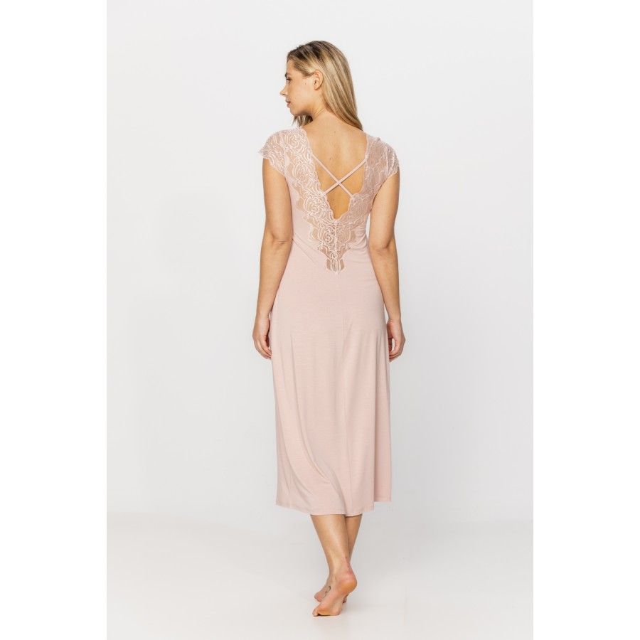 Very elegant long nightdress in micromodal and lace with criss-cross straps