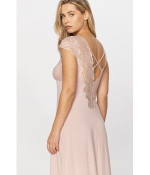 Very elegant long nightdress in micromodal and lace with criss-cross straps