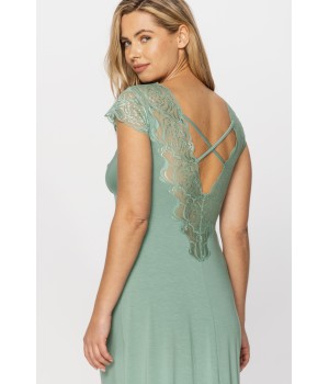 Very elegant long nightdress in micromodal and lace with criss-cross straps