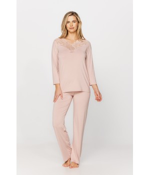 Ensemble pyjama en micromodal et dentelle haut tee-shirt manches longues, pantalon droit