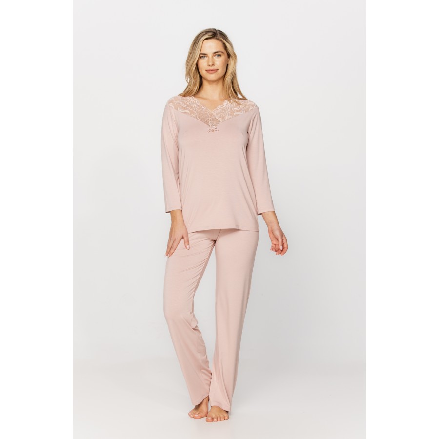 Micromodal and lace pyjamas, long-sleeved T-shirt and straight-cut bottoms