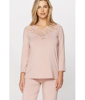 Ensemble pyjama en micromodal et dentelle haut tee-shirt manches longues, pantalon droit