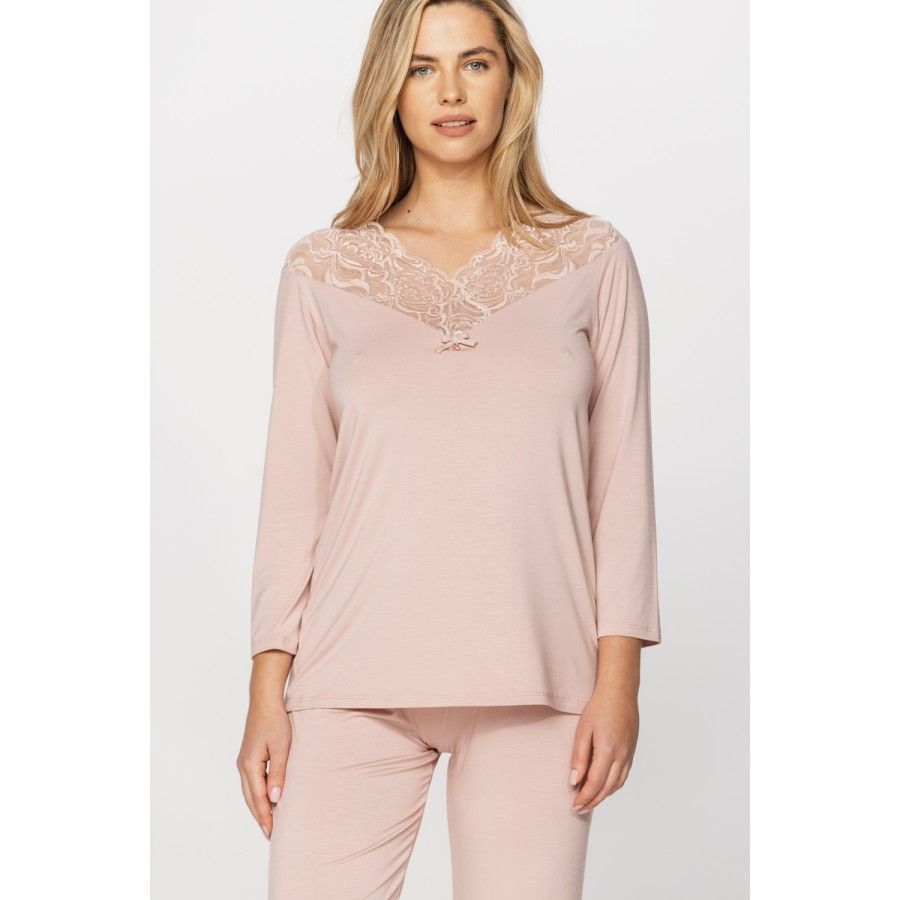 Ensemble pyjama en micromodal et dentelle haut tee-shirt manches longues, pantalon droit