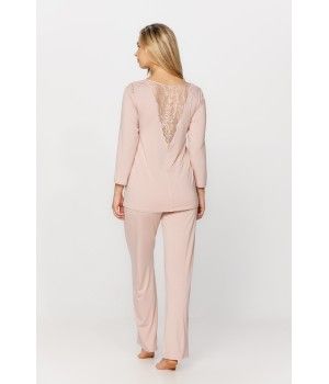 Ensemble pyjama en micromodal et dentelle haut tee-shirt manches longues, pantalon droit