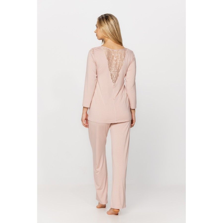 Ensemble pyjama en micromodal et dentelle haut tee-shirt manches longues, pantalon droit