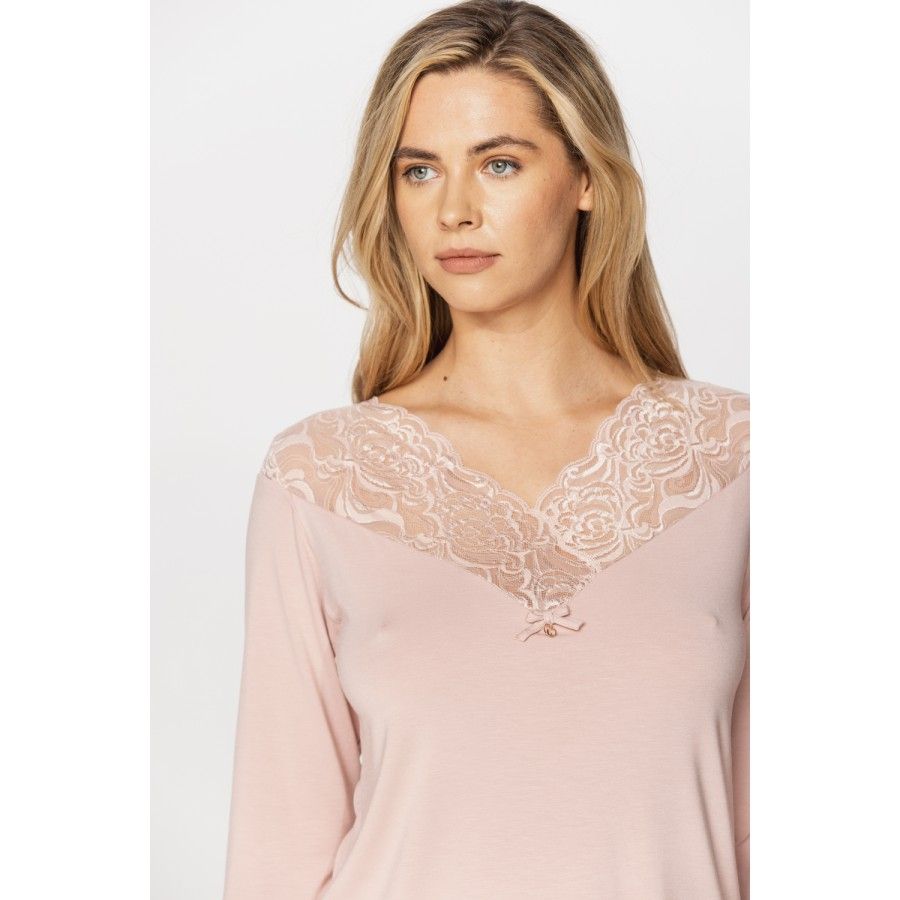 Ensemble pyjama en micromodal et dentelle haut tee-shirt manches longues, pantalon droit