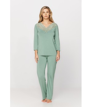 Ensemble pyjama en micromodal et dentelle haut tee-shirt manches longues, pantalon droit