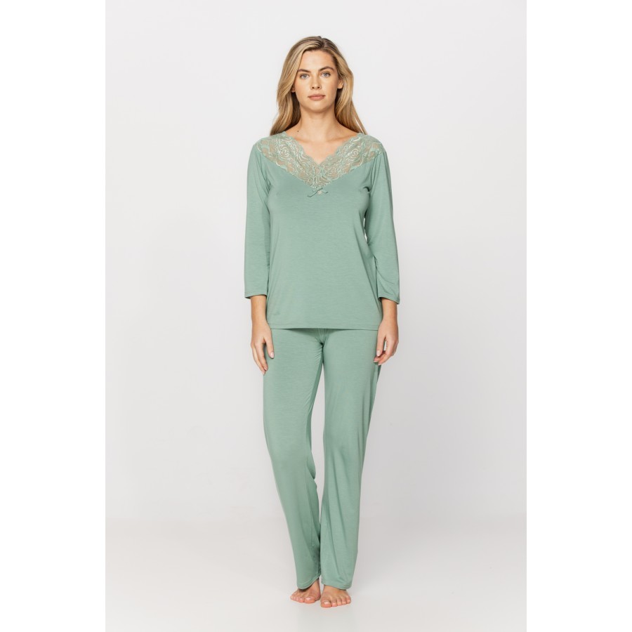 Ensemble pyjama en micromodal et dentelle haut tee-shirt manches longues, pantalon droit