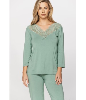 Ensemble pyjama en micromodal et dentelle haut tee-shirt manches longues, pantalon droit