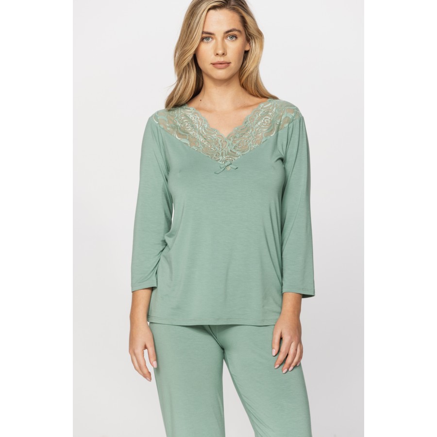 Ensemble pyjama en micromodal et dentelle haut tee-shirt manches longues, pantalon droit