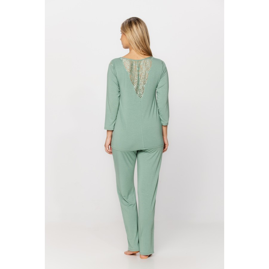 Ensemble pyjama en micromodal et dentelle haut tee-shirt manches longues, pantalon droit