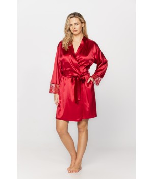 Pretty silk dressing gown in a shade of deep red with long sleeves trimmed with lace