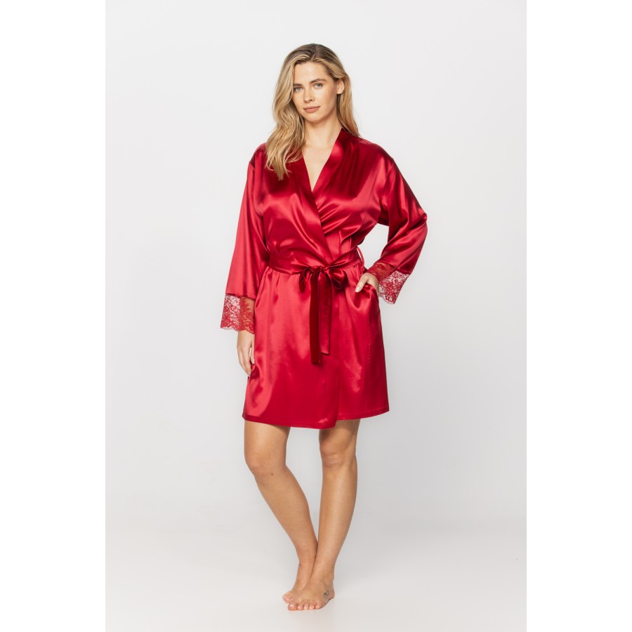 Pretty silk dressing gown in a shade of deep red with long sleeves trimmed with lace