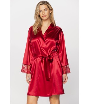 Pretty silk dressing gown in a shade of deep red with long sleeves trimmed with lace