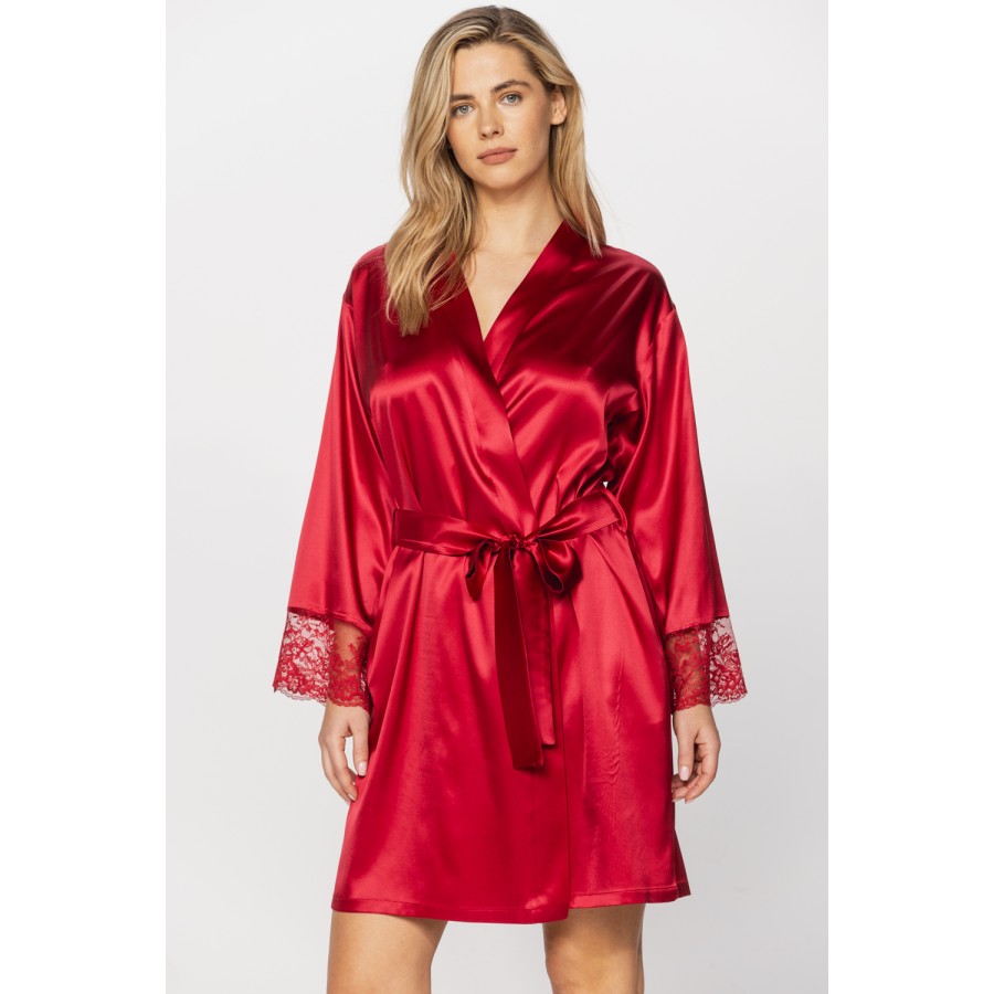 Pretty silk dressing gown in a shade of deep red with long sleeves trimmed with lace