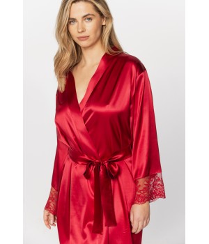 Pretty silk dressing gown in a shade of deep red with long sleeves trimmed with lace