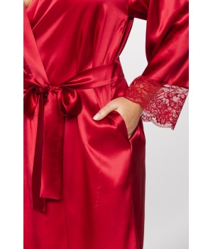 Pretty silk dressing gown in a shade of deep red with long sleeves trimmed with lace