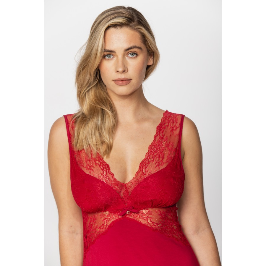 Long red micromodal and lace nightshirt