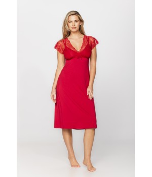 Short-sleeved nightdress/lounge robe in red micromodal and lace fabric